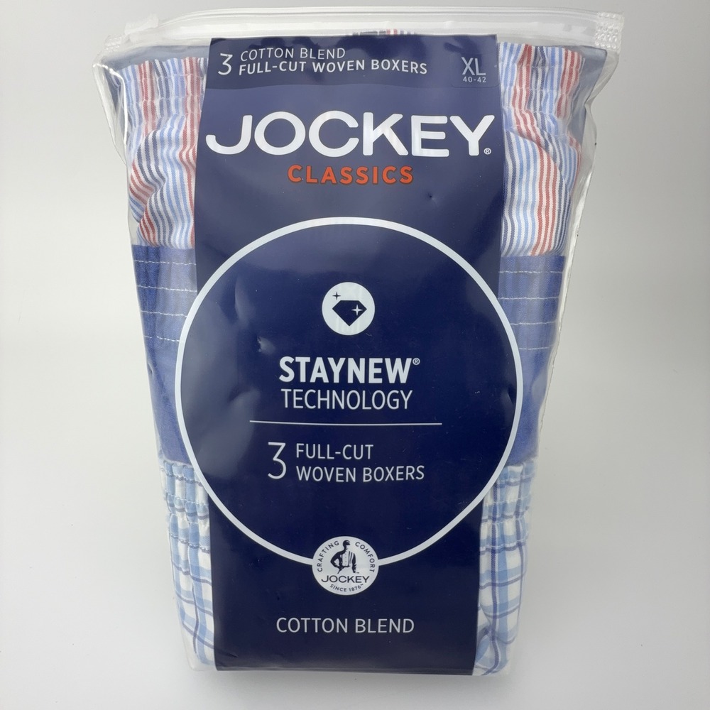 Jockey Classics 3 Pack Full-Cut Woven Boxers XL 40-42 Blue White Plaid‎ Stripe